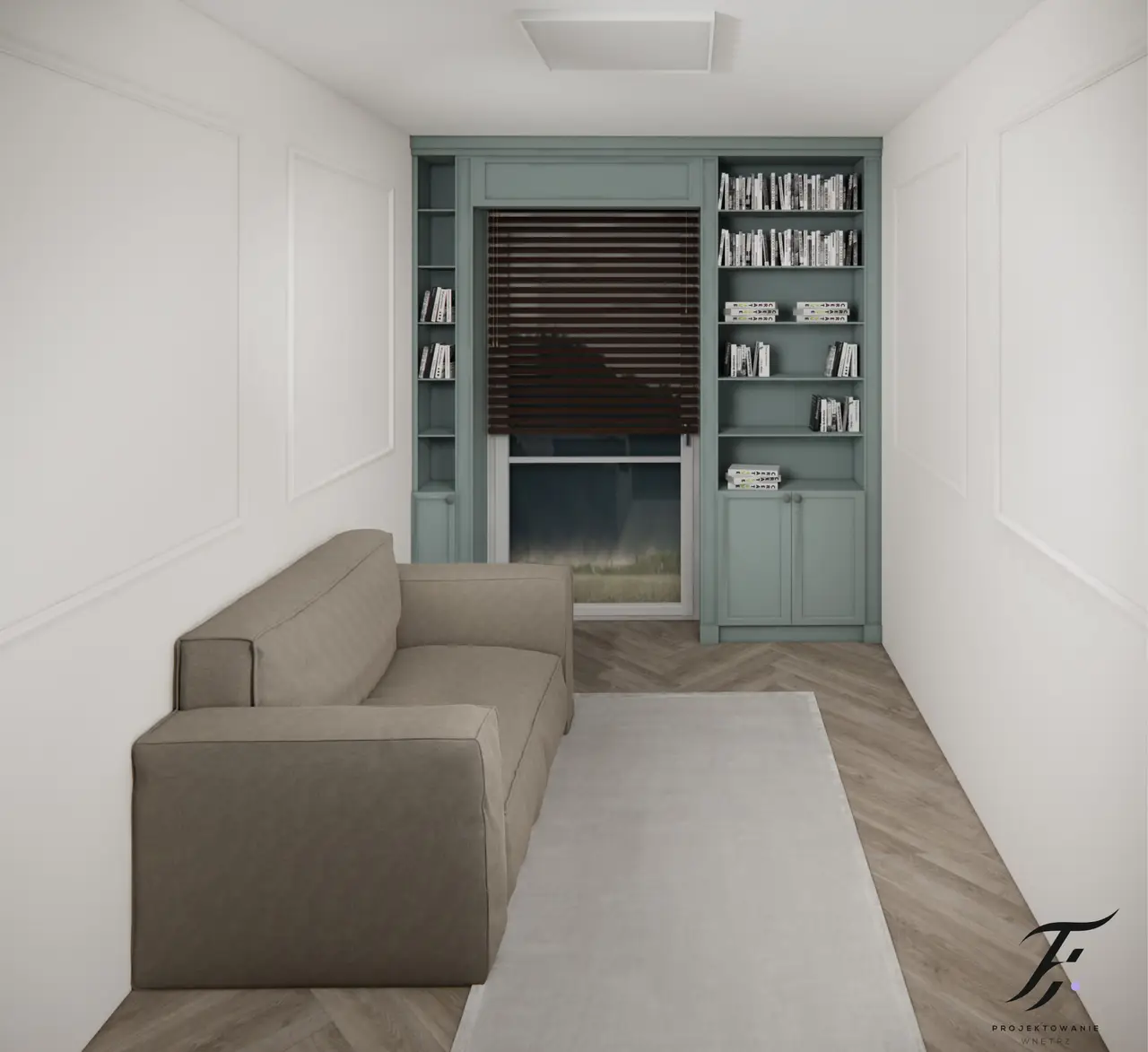 mały pokój przeznaczony na biblioteczkę, spanie dla gości 